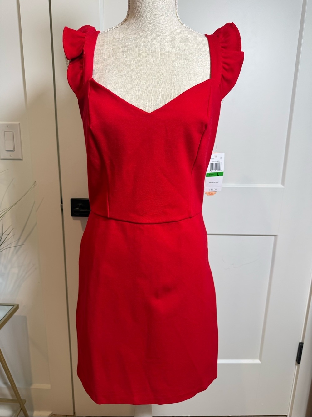 GB Red Ruffle Sleeve Sheath Dress NWT Size Large Sweetheart Neckline